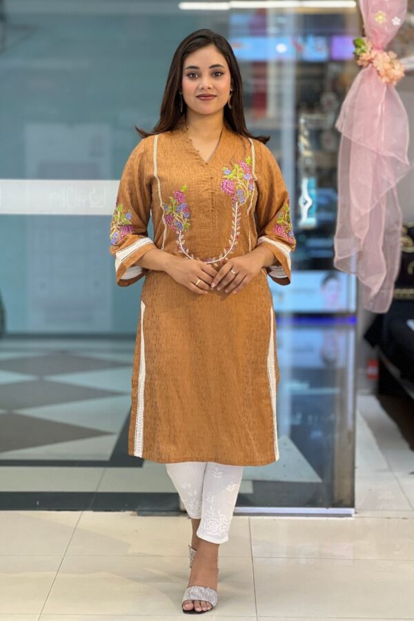 copper color jacquard rayon sp & me kurti