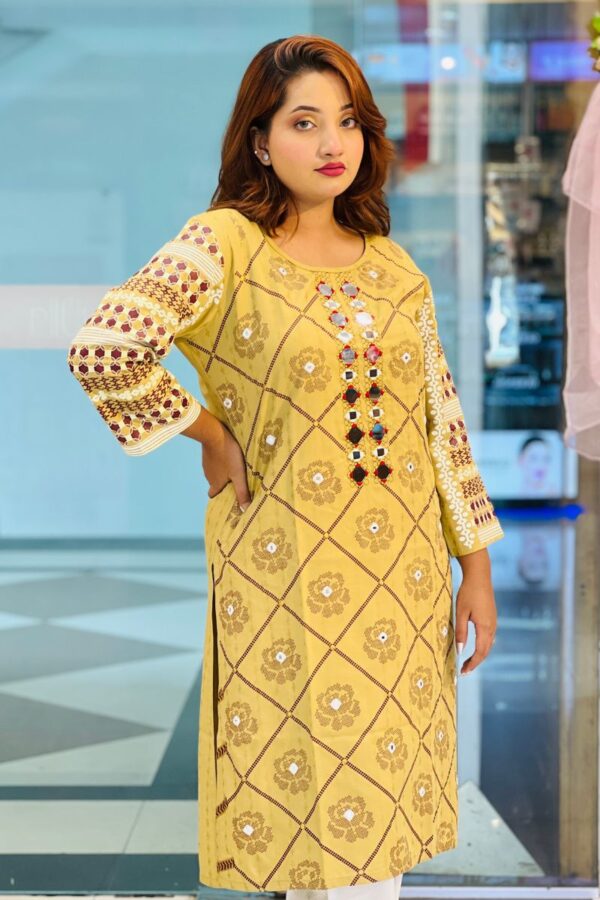 olive jacquard cotton screen printed kurti