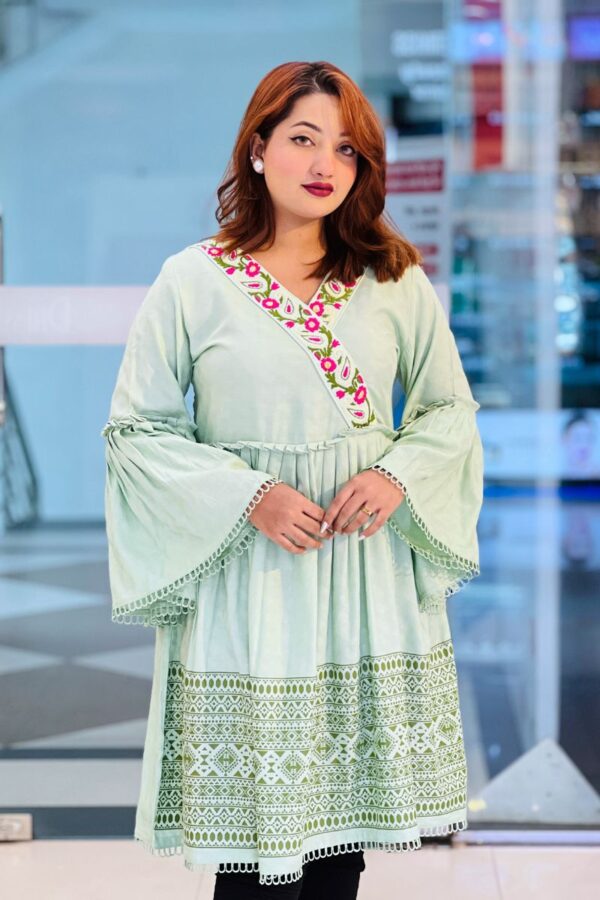 ocean wave color jacquard cotton kurti with screen printing and hand embroidery