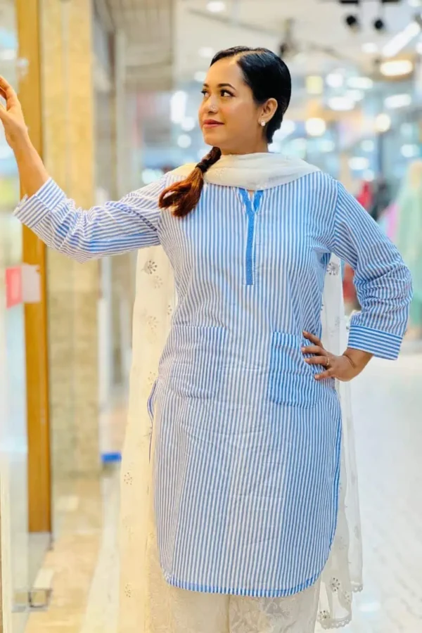 blue & white striped cotton kurti