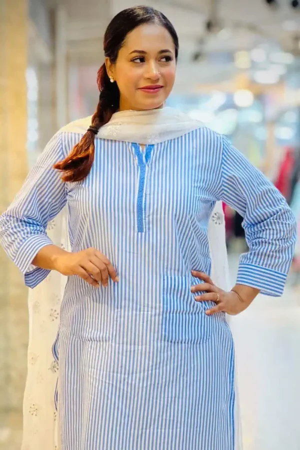 blue & white striped cotton kurti