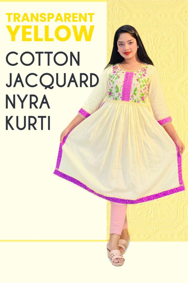 transparent yellow cotton jacquard hand embroidery nyra kurti