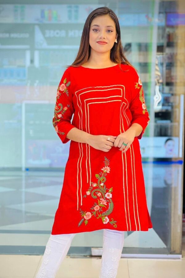 chinese red hand embroidery jacquard cotton kurti bb458ku